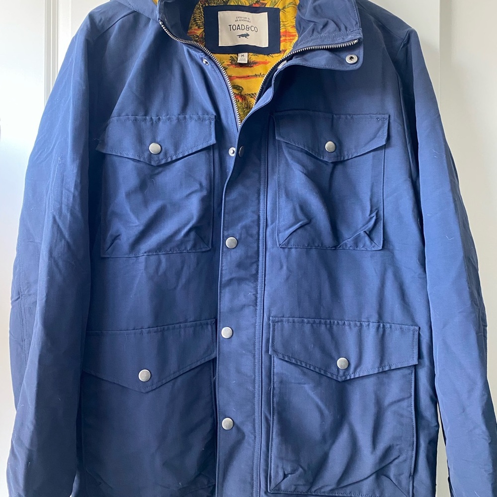 Toad & Co men’s navy blue jacket with hipster flannel lining.